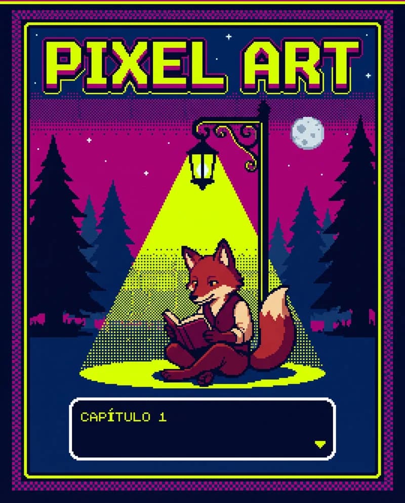 Pixel Art — a female fox reading a book, poster by Martina Meyer