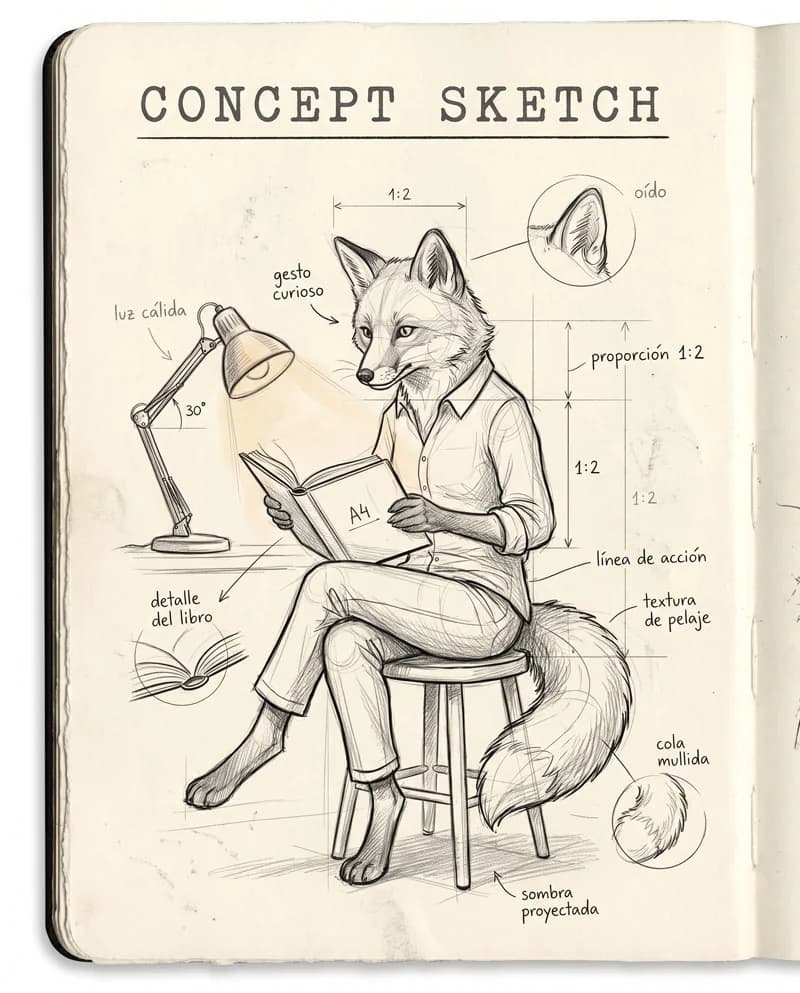 Concept Sketch — a female fox reading a book, poster by Martina Meyer