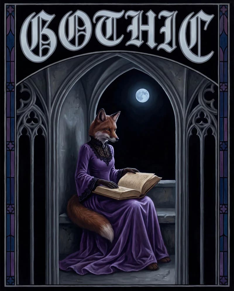 Gothic — a female fox reading a book, poster by Martina Meyer