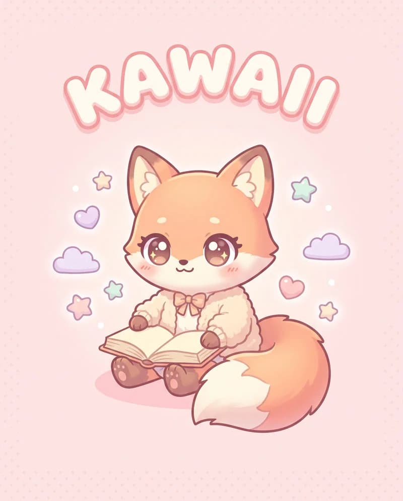 Kawaii — a female fox reading a book, poster by Martina Meyer