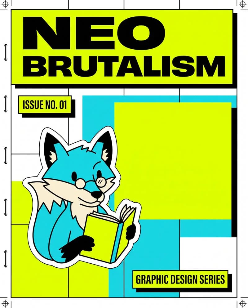 Neo-Brutalism — a female fox reading a book, poster by Martina Meyer