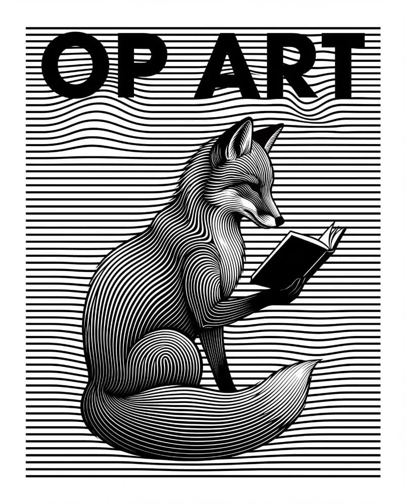 Op Art — a female fox reading a book, poster by Martina Meyer