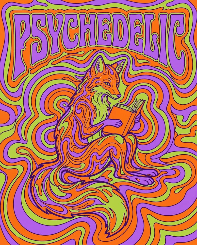 Psychedelic — a female fox reading a book, poster by Martina Meyer