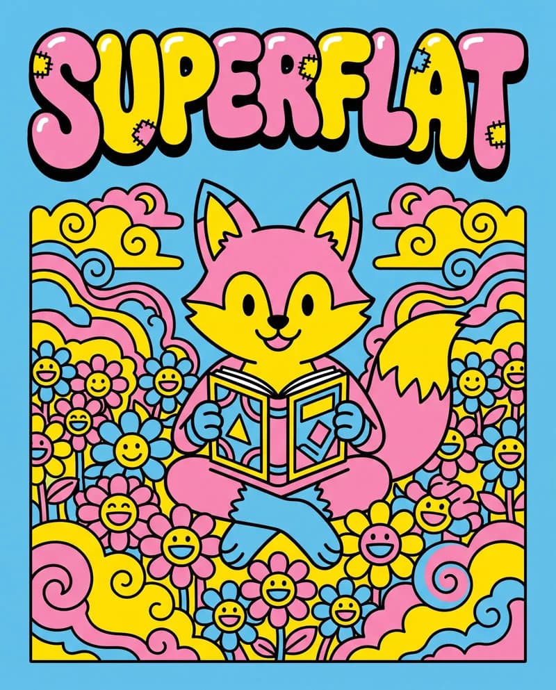 Superflat — a female fox reading a book, poster by Martina Meyer