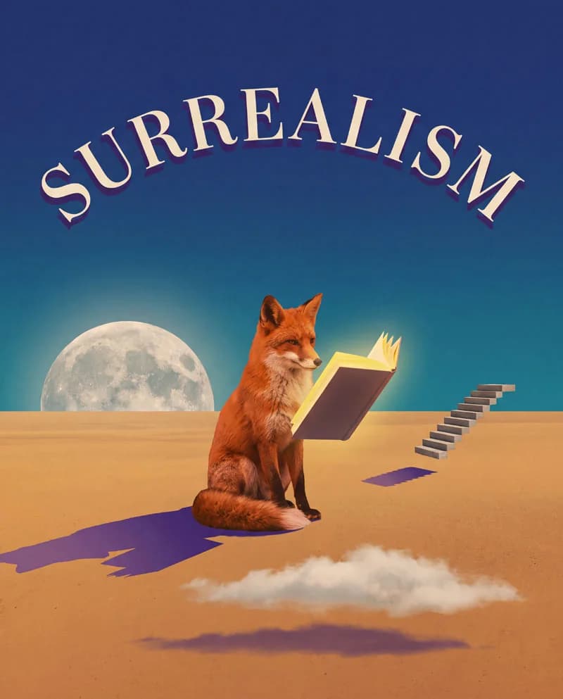 Surrealism — a female fox reading a book, poster by Martina Meyer