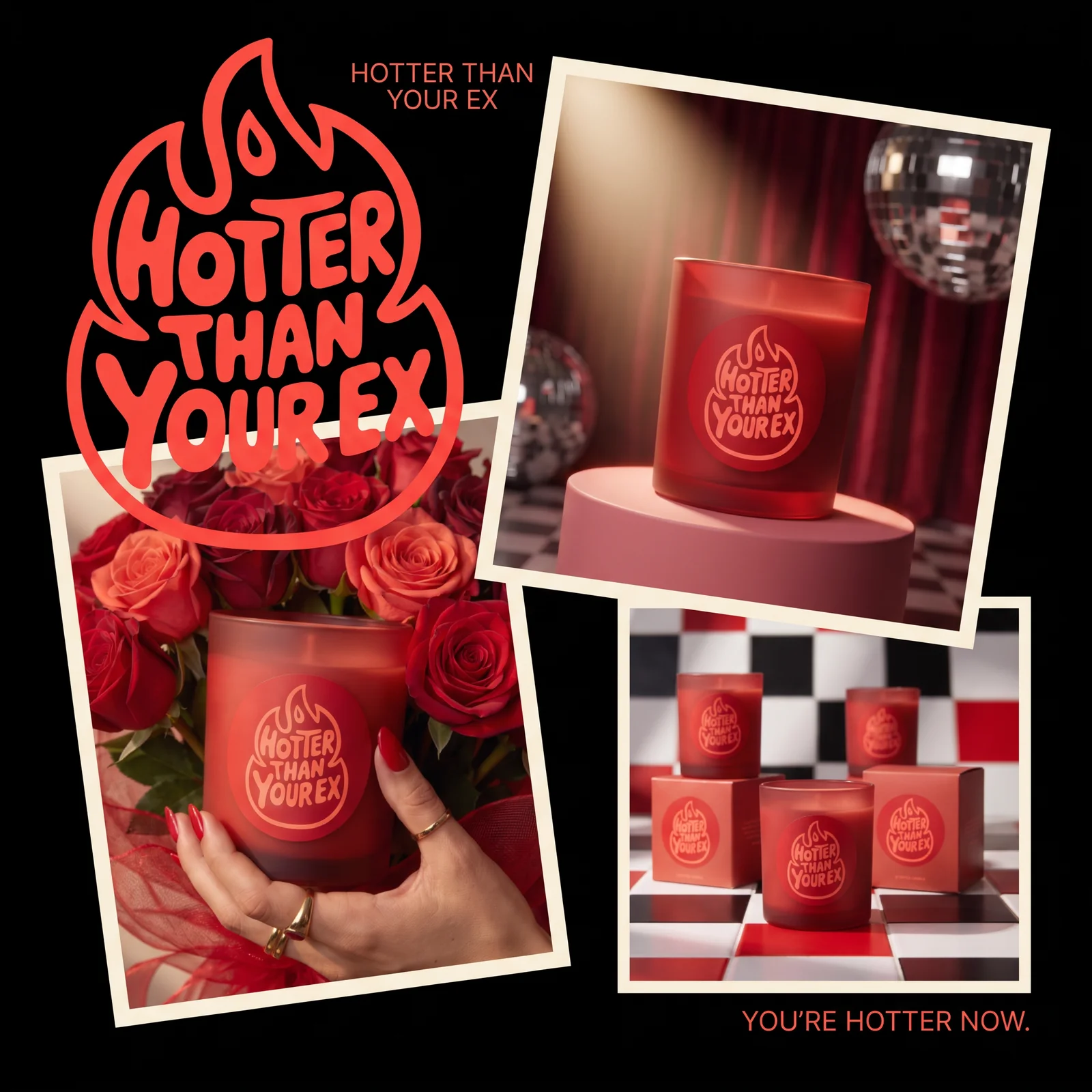 A Hotter Than Your Ex brand board combining its flame logo with candle photography, roses and packaging.