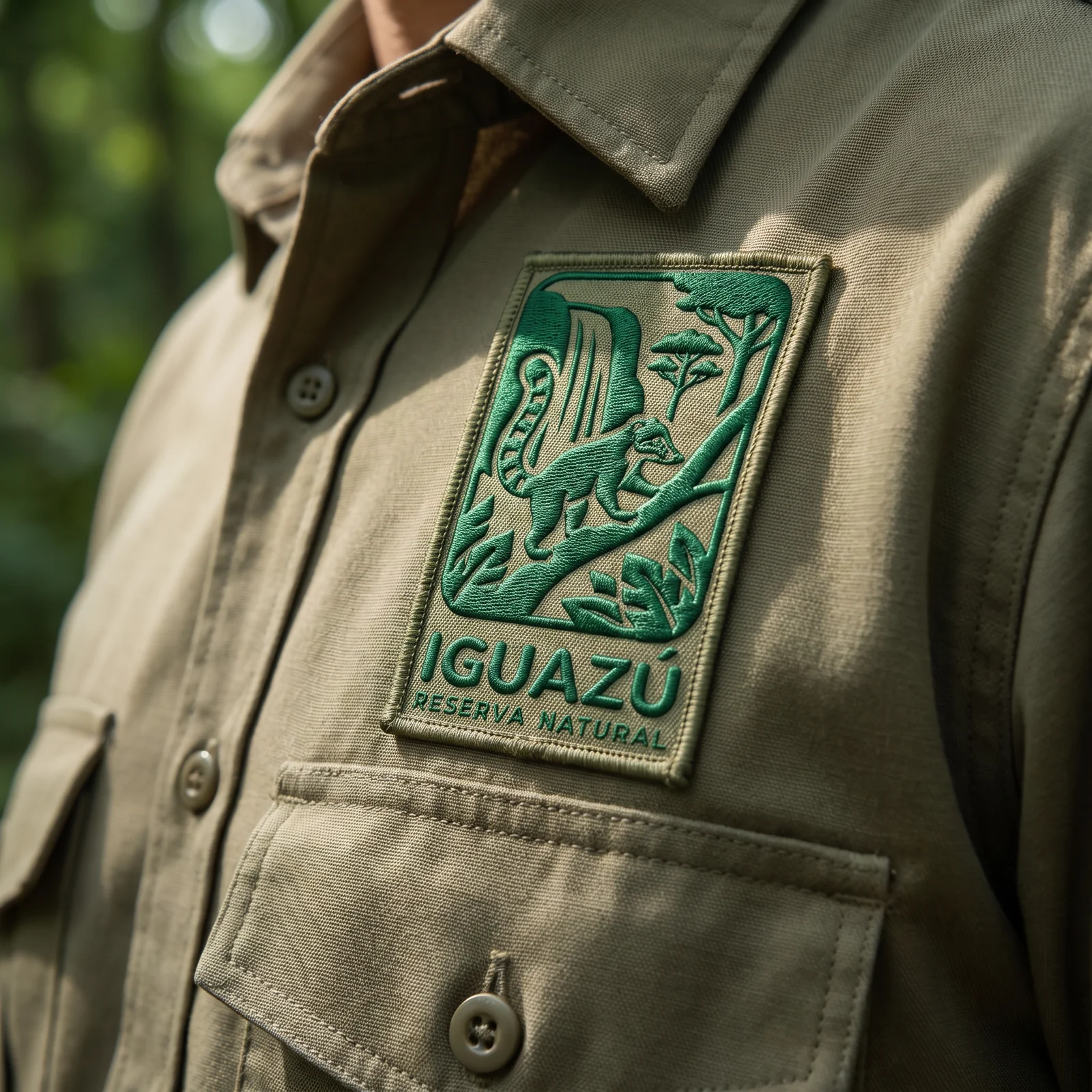 An embroidered green Iguazú Reserva Natural patch on an olive field shirt.
