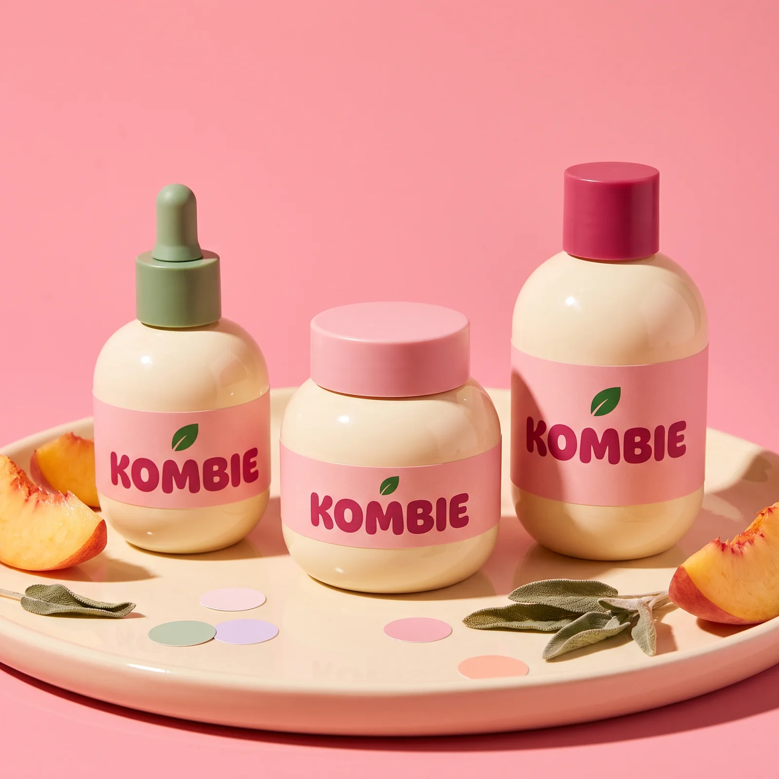 A playful pink and cream Kombie skincare collection arranged with fruit on a pink studio set.
