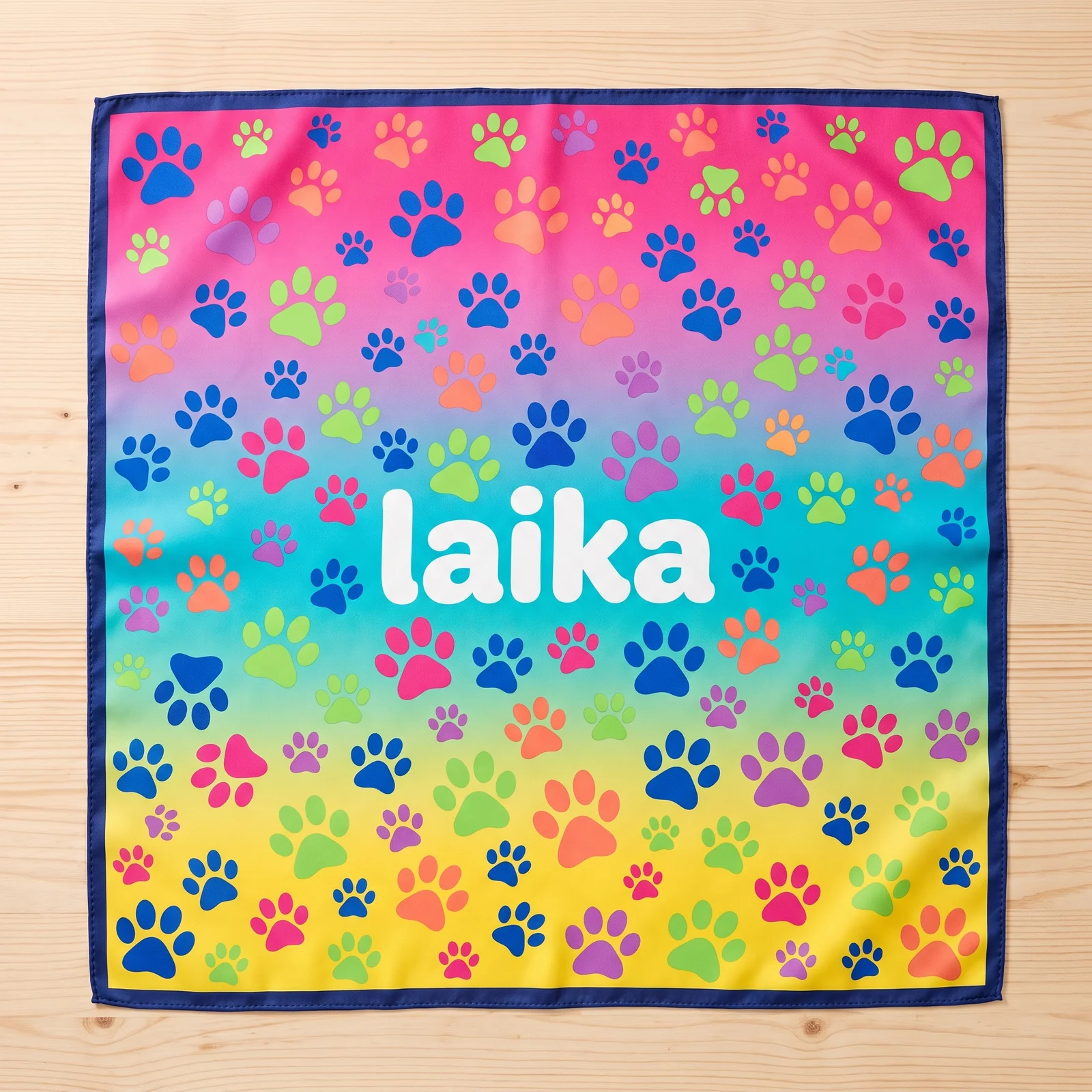 A vivid pink, blue, yellow and green Laïka textile pattern with flowers and paw prints.