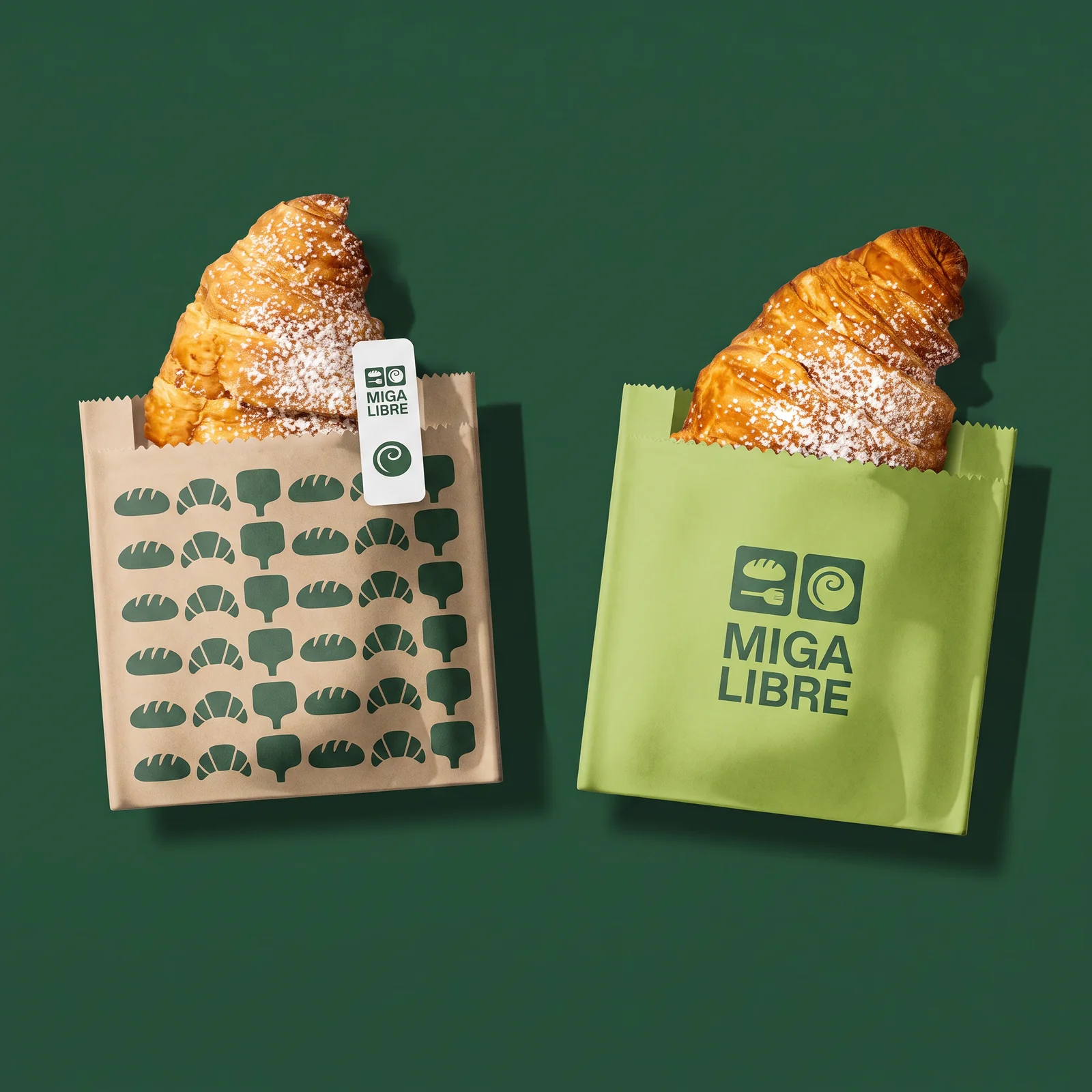 Two green and kraft Miga Libre pastry bags with illustrated patterns and fresh croissants.