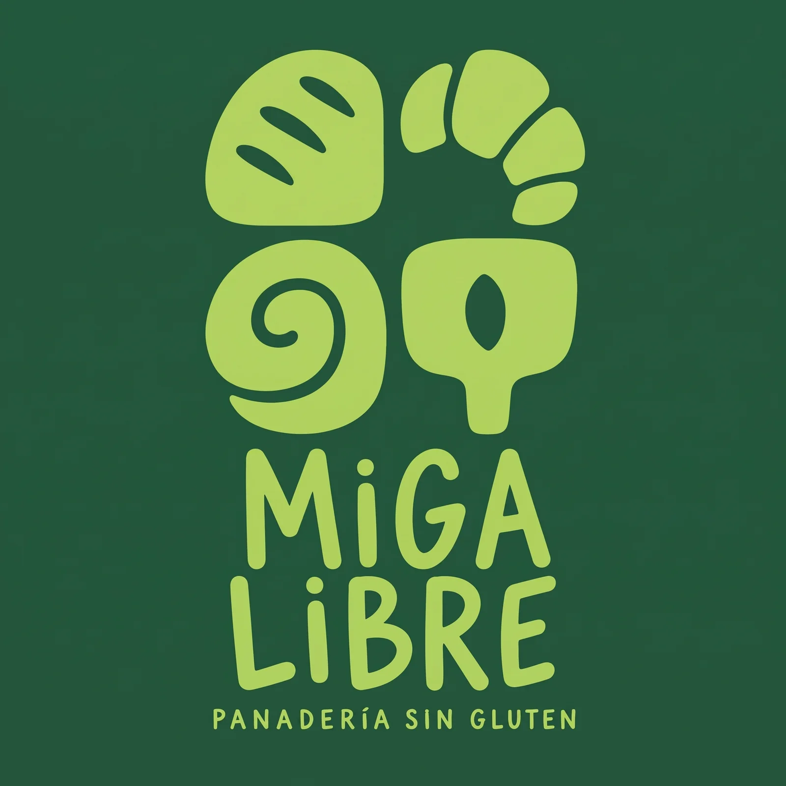 A playful lime green Miga Libre bakery mark made from bread, a croissant, a swirl and a cup on dark green.