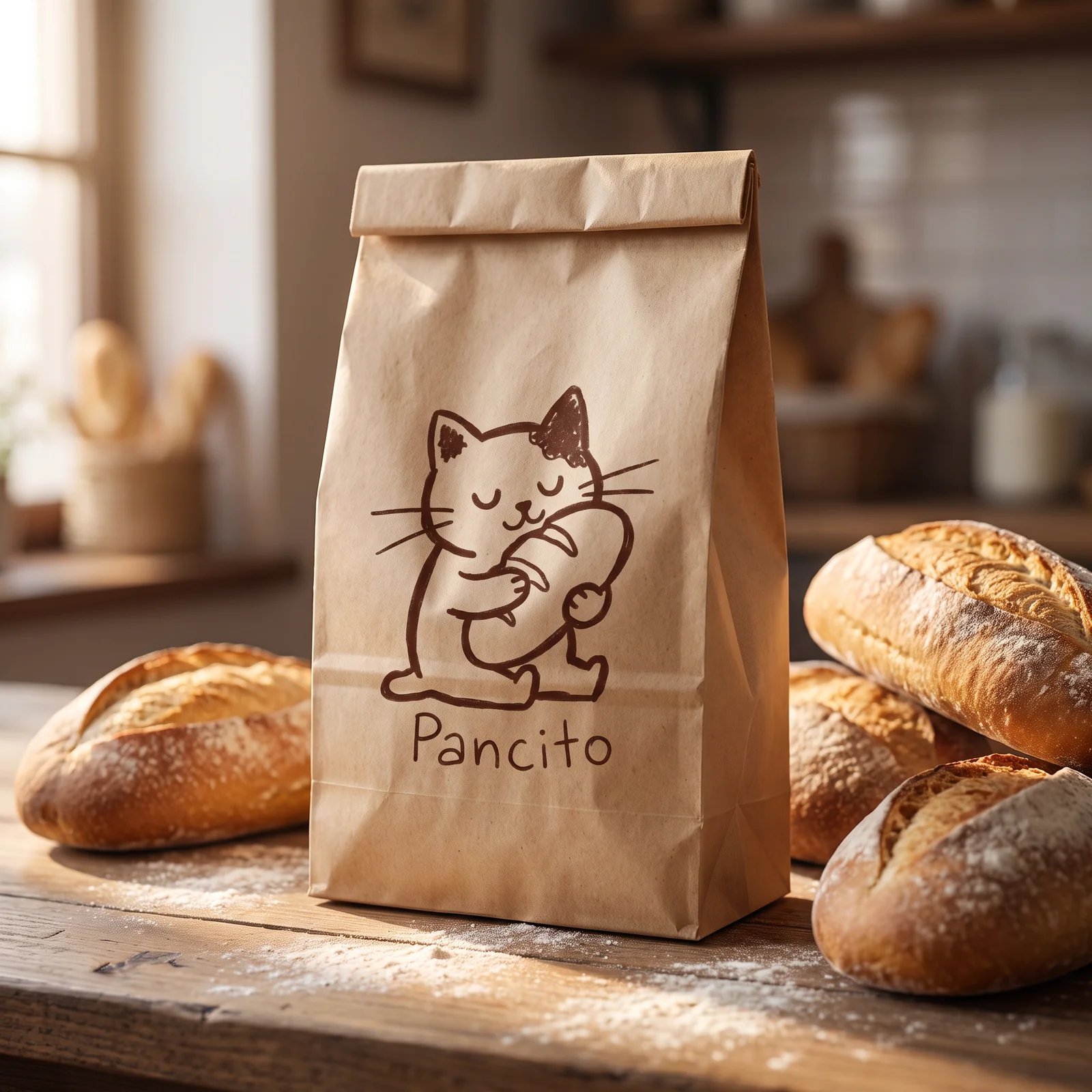 A brown Pancito bakery bag with a hand-drawn cat logo beside fresh bread in a bakery.